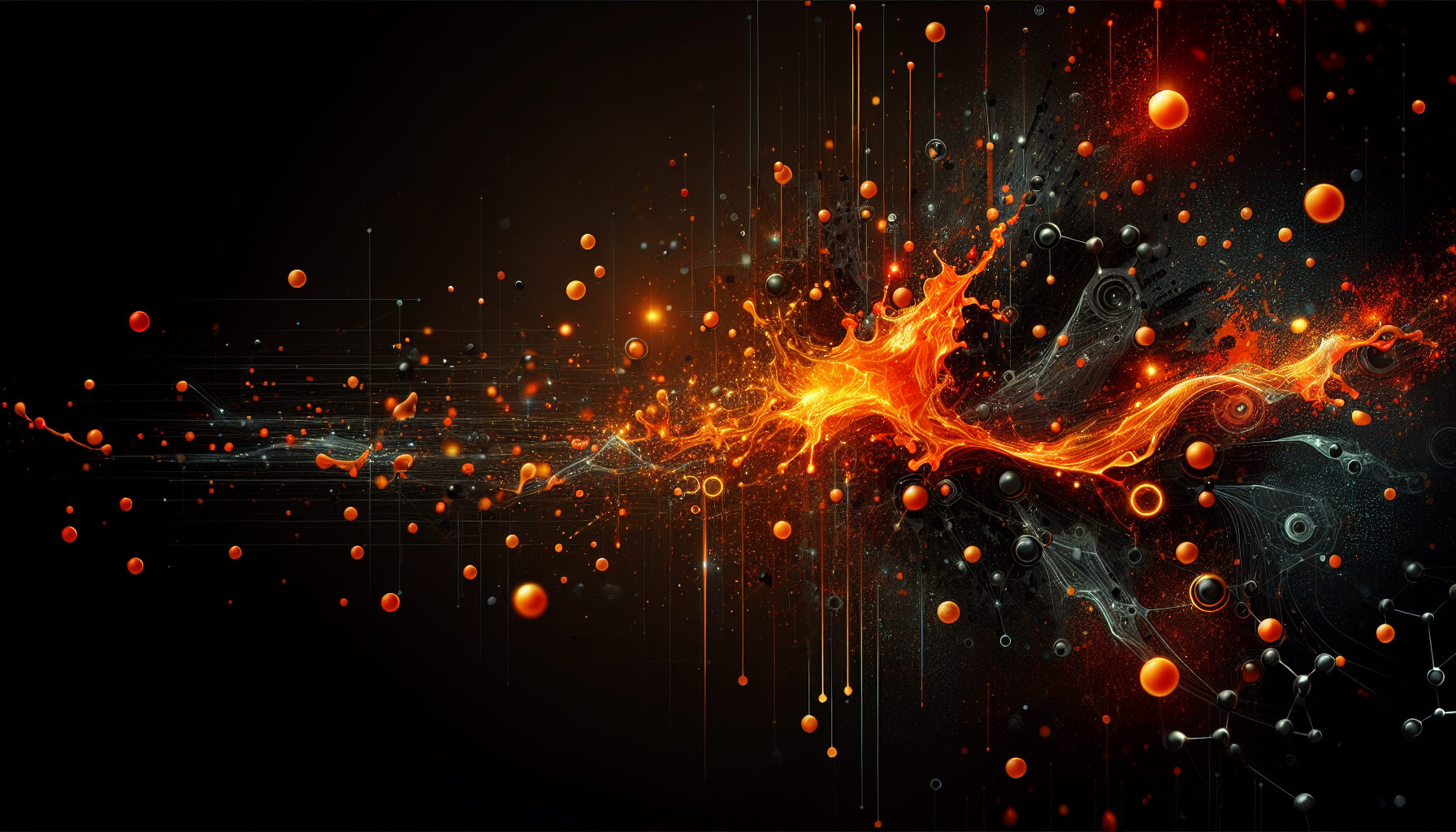 The image features a black background with orange accents and splashes on the left and right. The background features a pattern of orange, glowing molecular structures, adding a scientific and dynamic visual element. The overall design is sleek and modern, emphasizing the clarity of the color scheme.