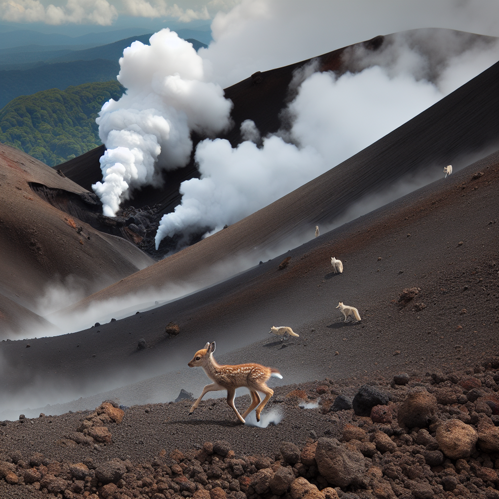 оленёнок на склоне вулкана спасается от стаи волков