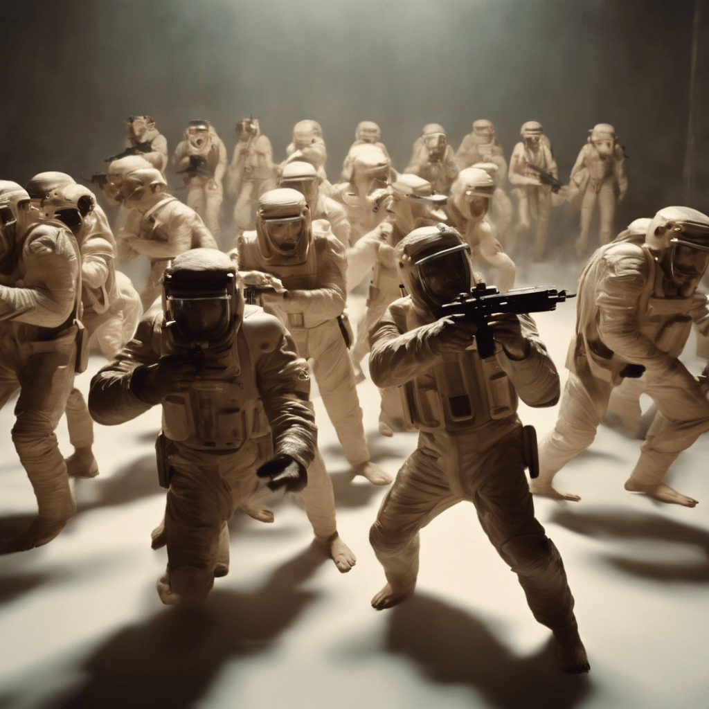 primitive people shout at each other and wave armed with machine guns. In the style of a 21st century space odyssey by Stanley Kubrick