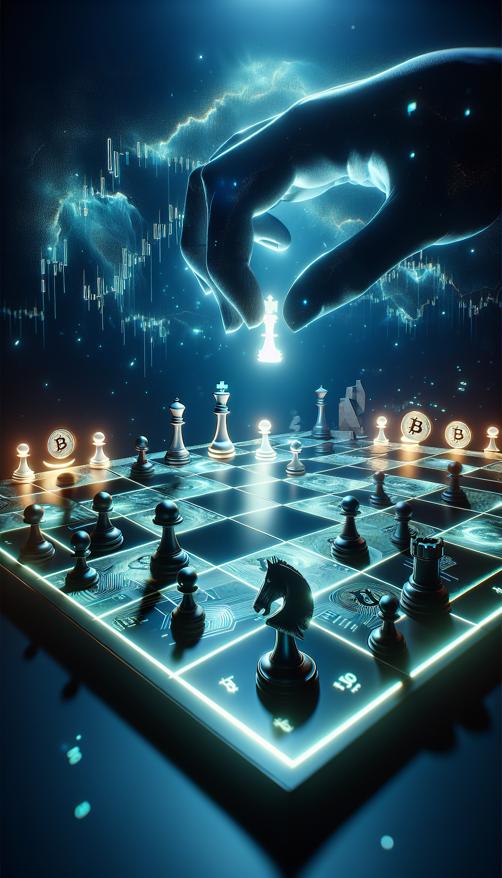 A giant chessboard where the squares are a live cryptocurrency price chart. A large, shadowy hand is moving a glowing chess piece (a King or Queen) towards a square that is actually a cluster of liquidities. The opponent's pieces are scattered and in disarray. Cinematic, dramatic lighting. A giant chessboard where the squares are a live cryptocurrency price chart. A large, shadowy hand is moving a glowing chess piece (a King or Queen) towards a square that is actually a cluster of liquidities. The opponent's pieces are scattered and in disarray. Cinematic, dramatic lighting.