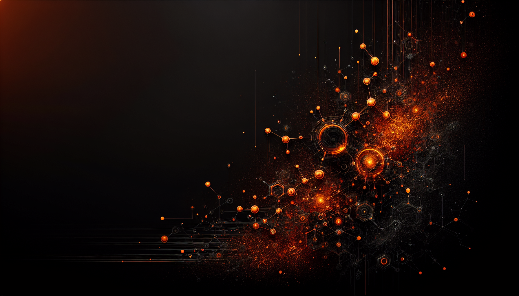 The image features a black background with orange accents and splashes on the left and right. The background features a pattern of orange, glowing molecular structures, adding a scientific and dynamic visual element. The overall design is sleek and modern, emphasizing the clarity of the color scheme.