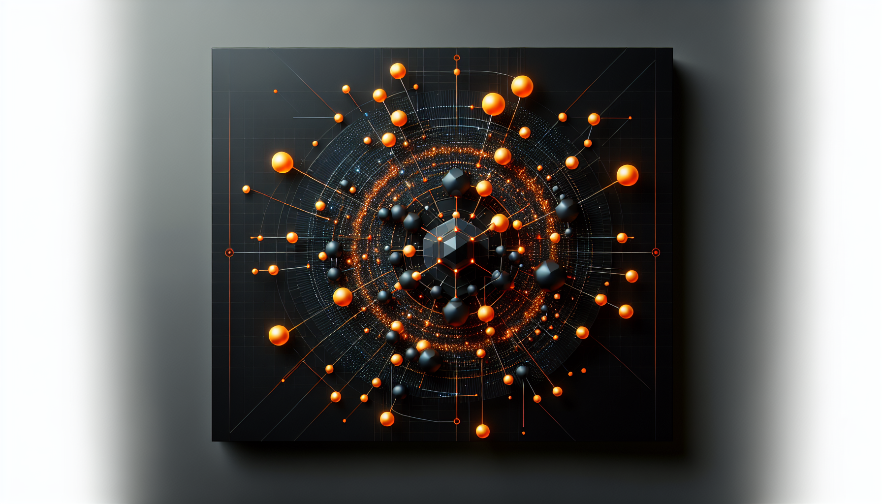 The background for the bads is black with orange inserts on the sides, and the center features a pattern of orange glowing molecular structures that gives the visual element a scientific and dynamic feel. The overall design is sleek and modern, emphasizing the clarity of the color scheme.