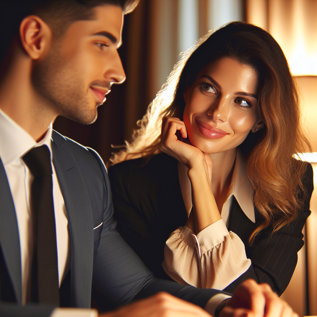 Жена и муж на деловой встрече ,одеты в деловой официальный вид ,жена смотрим на мужа влюбленными глазами