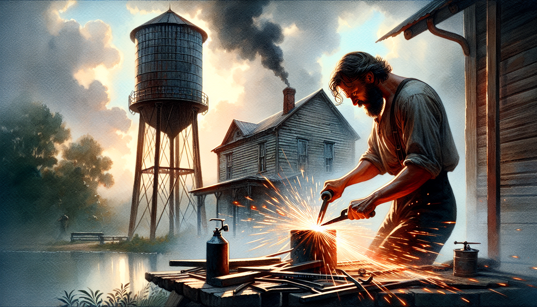 A European man cuts metal, sparks fly Next to a water tower. There is a river and a house in the background.
