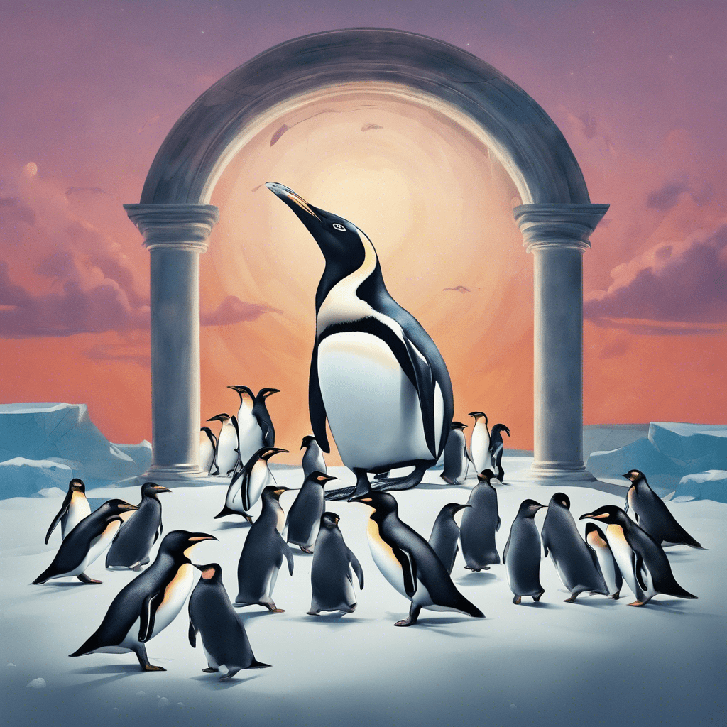 Lofaminus surrounded by penguins. Lofaminus is a mythical bird that lives in a distant and mysterious world.