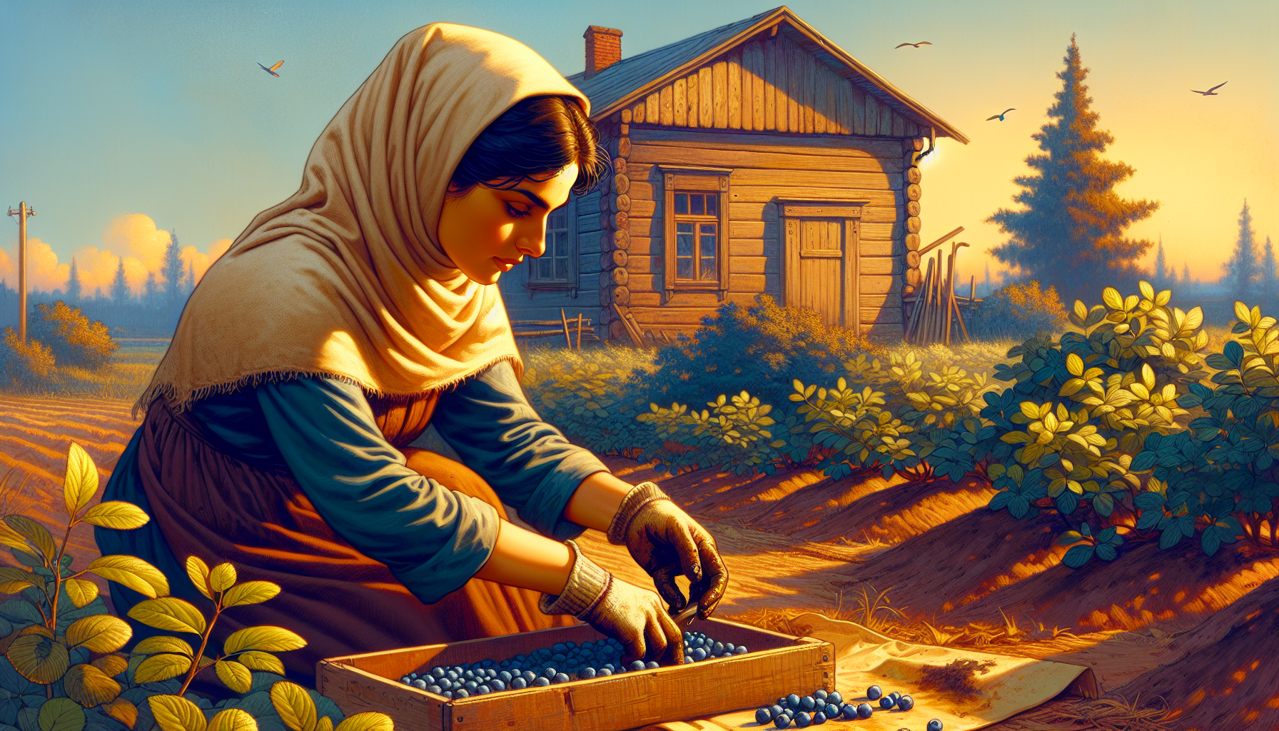 A sunny day. One person plants blueberries and cleans the area in front of the house