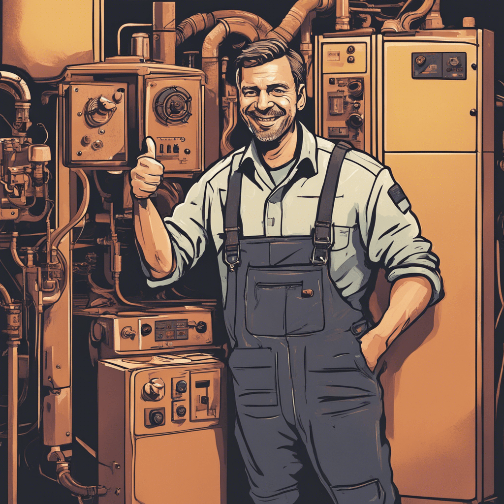 The mechanic stands near the screw compressor and gives a thumbs up