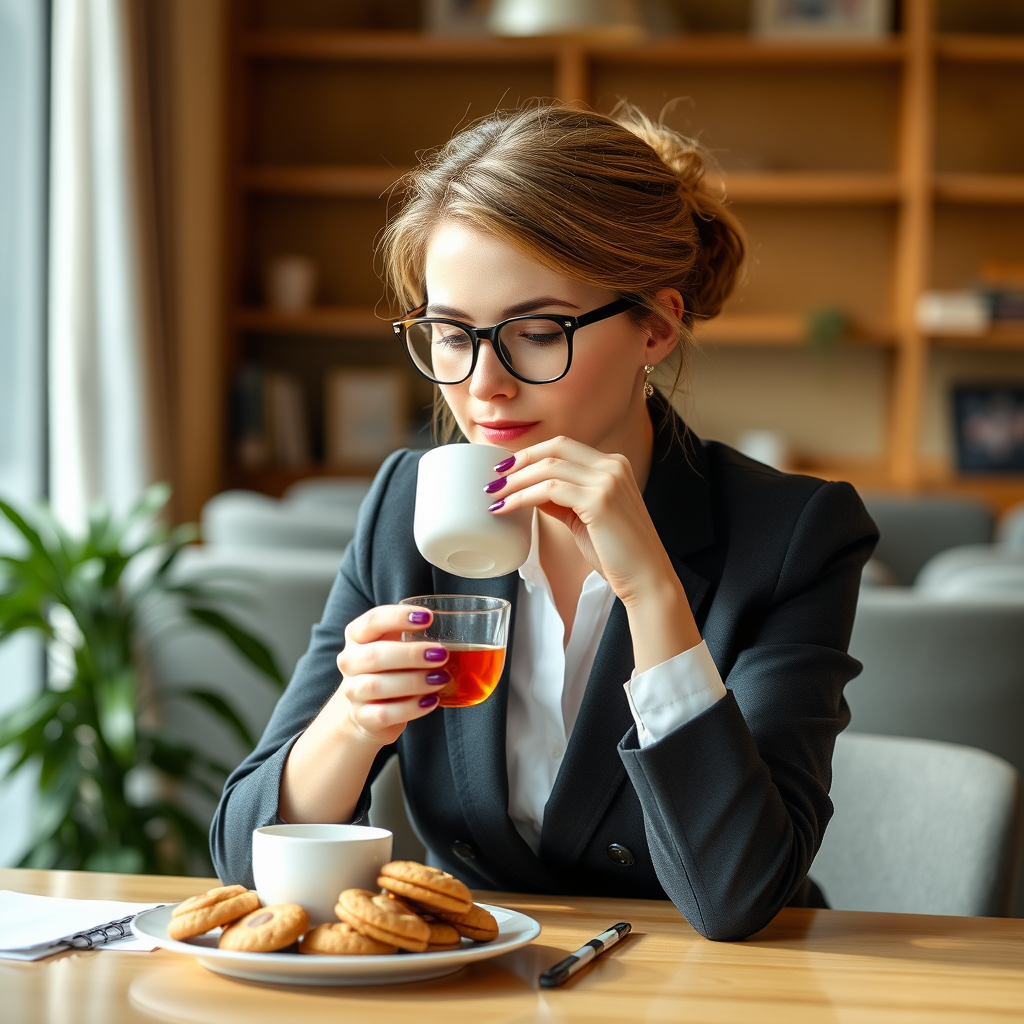 A female accountant sits at a table and drinks tea with cookies.