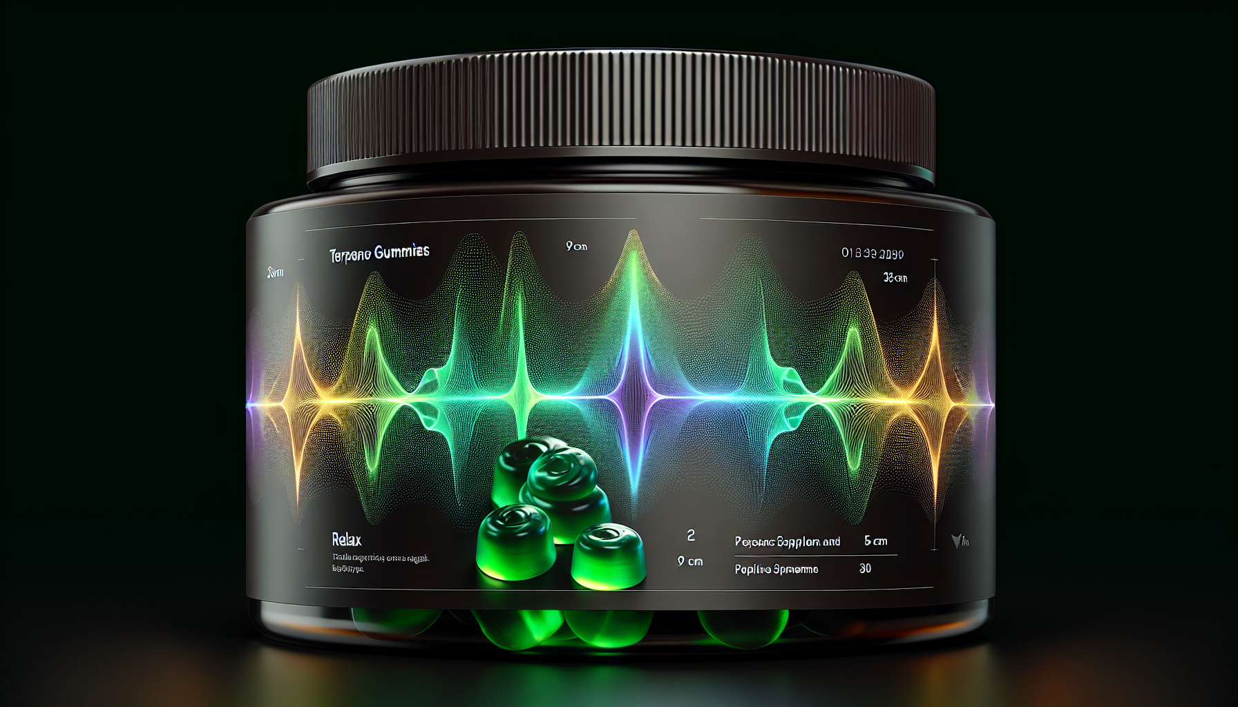 A photo of a modern supplement jar with a vibrant label. The jar is a transparent dark brown 
plastic cylinder, 9cm tall, 6cm wide, sealed with a matte black lid. Inside are visible vivid salad-
green gummy domes. A glossy, opaque wrap label (5cm high) is applied around its middle.
LABEL DESIGN: The label background is solid matte black. The core graphic is a single, powerful, 
flowing waveform pulsing horizontally. This wave is made of a chain of connected, glowing dots 
and fine lines (like a neural pathway). It glows with an intense gradient: bright lime green at the 
peak, transitioning to cyan and deep purple.
TYPOGRAPHY ON LABEL:
- "OMOA": Small, at the top. Font: sleek, lowercase, minimal sans-serif. Color: medium grey.
- "RELAX": Very large and central. Use an ultra-bold, rounded sans-serif font (Poppins 
ExtraBold). Color: Clean, opaque white.
- **"TERPENE GUMMIES | 30"**: Immediately below "RELAX". Use a crisp, geometric sans-serif 
font. Color: Vivid cyan. THIS TEXT MUST BE HIGHLY LEGIBLE.
- Bottom: Tiny icons (for vegan, non-GMO) in light grey.