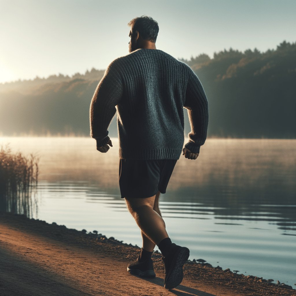 A middle-aged, Caucasian man of larger build is walking on a serene lake shore at dawn. His back is to the viewer, so his face is not visible. He is dressed in comfortable athletic wear and sturdy walking shoes. His gait suggests a steady, determined pace, signifying his commitment to his 100km in 30 days challenge. The early morning light casts long shadows and illuminates the calm water, creating a peaceful and introspective atmosphere.
