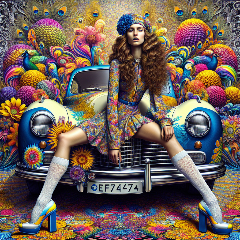 photograph, hyper-realistic, psychedelic art style, woman with long curly brown hair, on yellow and blue vintage car, car split down the middle, woman wearing half blue and half yellow floral dress, silver high-heeled shoes, white ankle socks, background filled with colorful, vibrant flowers and peacock feathers, flowers in pink, purple, orange, and yellow, peacock feathers in blue and green, car headlights and front grille visible, woman has fair skin, confident expression, car parked on colorful tie-dye patterned ground, surreal, dreamy atmosphere, bright colors, detailed textures, fashion photography, pop art influence, whimsical, fantastical, bold, eye-catching, contrast between colors, intricate background details
