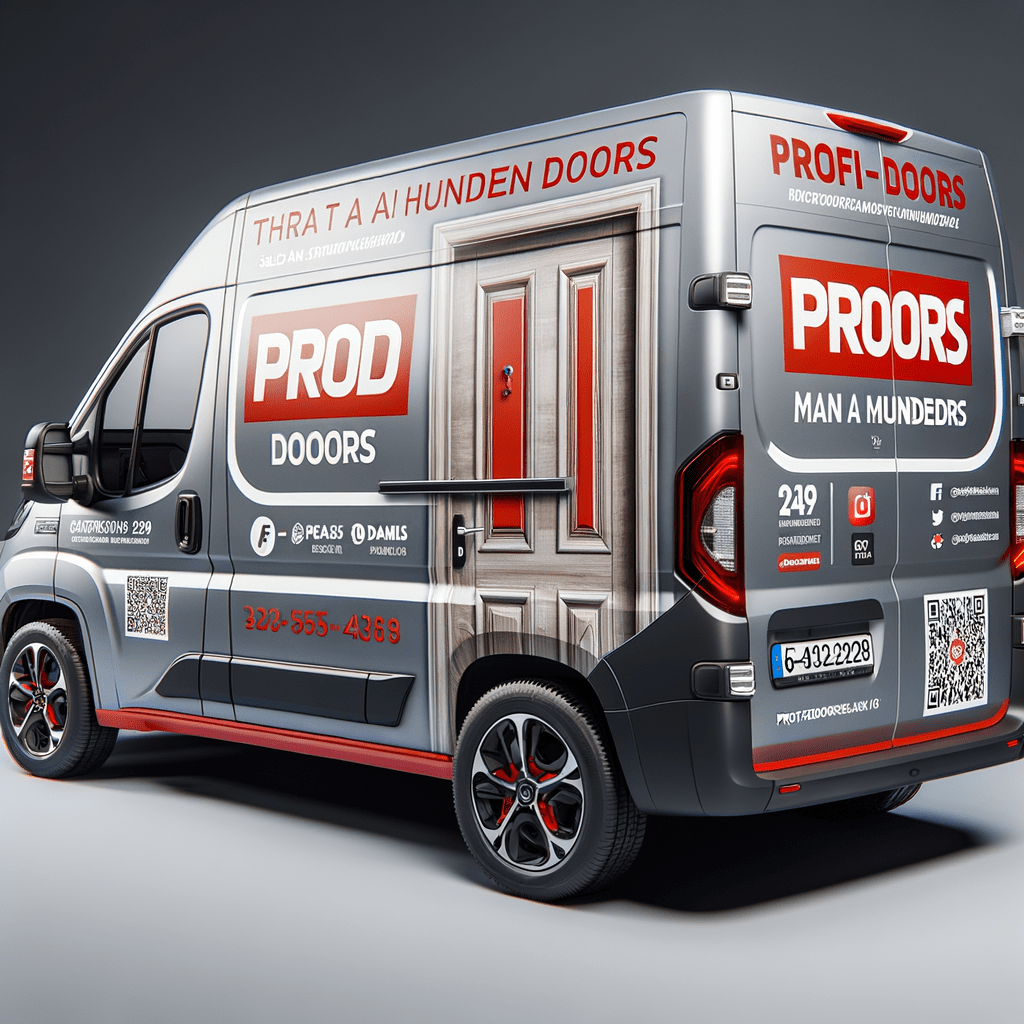 брендирование фургона серого цвета Газель Next для фирмы "Профи-Doors" в красно-белых тонах, Основные элементы дизайна: Основной фон — серый. Акценты — красные детали и логотип. Разместить крупный логотип "Профи-Doors" на задней двери. Логотип выполнен в красных и белых цветах, с четким шрифтом, легко читаемым на расстоянии. На боковых панелях разместить изображение 4 межкомнатных дверей и надпись более ста дверей , на задней двери разместить номер телефона, сайт и социальные сети. "Профи-Doors" — Продажа и монтаж дверей Сайт: http://www.profi-doors.ru Дополнительные элементы: добавить QR-код, ведущий на сайт или каталог продукции. вид с зади брендирование фургона серого цвета Газель Next для фирмы "Профи-Doors" в красно-белых тонах, Основные элементы дизайна: Основной фон — серый. Акценты — красные детали и логотип. Разместить крупный логотип "Профи-Doors" на задней двери. Логотип выполнен в красных и белых цветах, с четким шрифтом, легко читаемым на расстоянии. На боковых панелях разместить изображение 4 межкомнатных дверей и надпись более ста дверей , на задней двери разместить номер телефона, сайт и социальные сети. "Профи-Doors" — Продажа и монтаж дверей Сайт: http://www.profi-doors.ru Дополнительные элементы: добавить QR-код, ведущий на сайт или каталог продукции. вид с зади