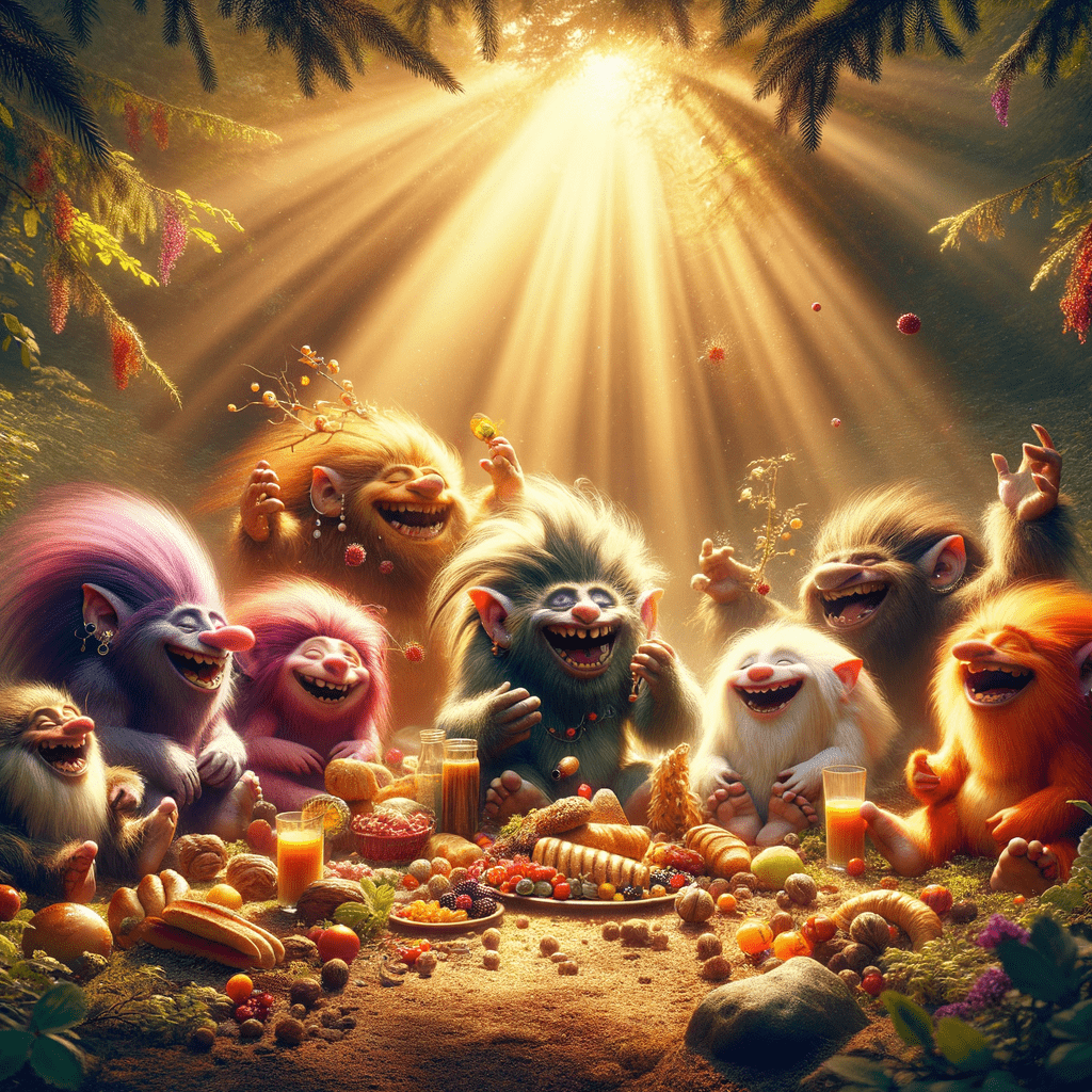 Clearing, sun, fluffy trolls have a picnic, have fun and eat, Fluffy trolls, magical creatures with vibrant fur and mischievous grins, gather in a serene clearing bathed in warm sunlight, The scene is filled with laughter and joy as the trolls enjoy a delightful picnic, They feast on an array of delicious treats, including juicy berries, crunchy nuts, and delectable pastries, The sunlight filters through the trees, casting a soft golden glow on the trolls and their picnic spread, The atmosphere is filled with a sense of whimsy and enchantment as the trolls revel in their delightful gathering Clearing, sun, fluffy trolls have a picnic, have fun and eat, Fluffy trolls, magical creatures with vibrant fur and mischievous grins, gather in a serene clearing bathed in warm sunlight, The scene is filled with laughter and joy as the trolls enjoy a delightful picnic, They feast on an array of delicious treats, including juicy berries, crunchy nuts, and delectable pastries, The sunlight filters through the trees, casting a soft golden glow on the trolls and their picnic spread, The atmosphere is filled with a sense of whimsy and enchantment as the trolls revel in their delightful gathering