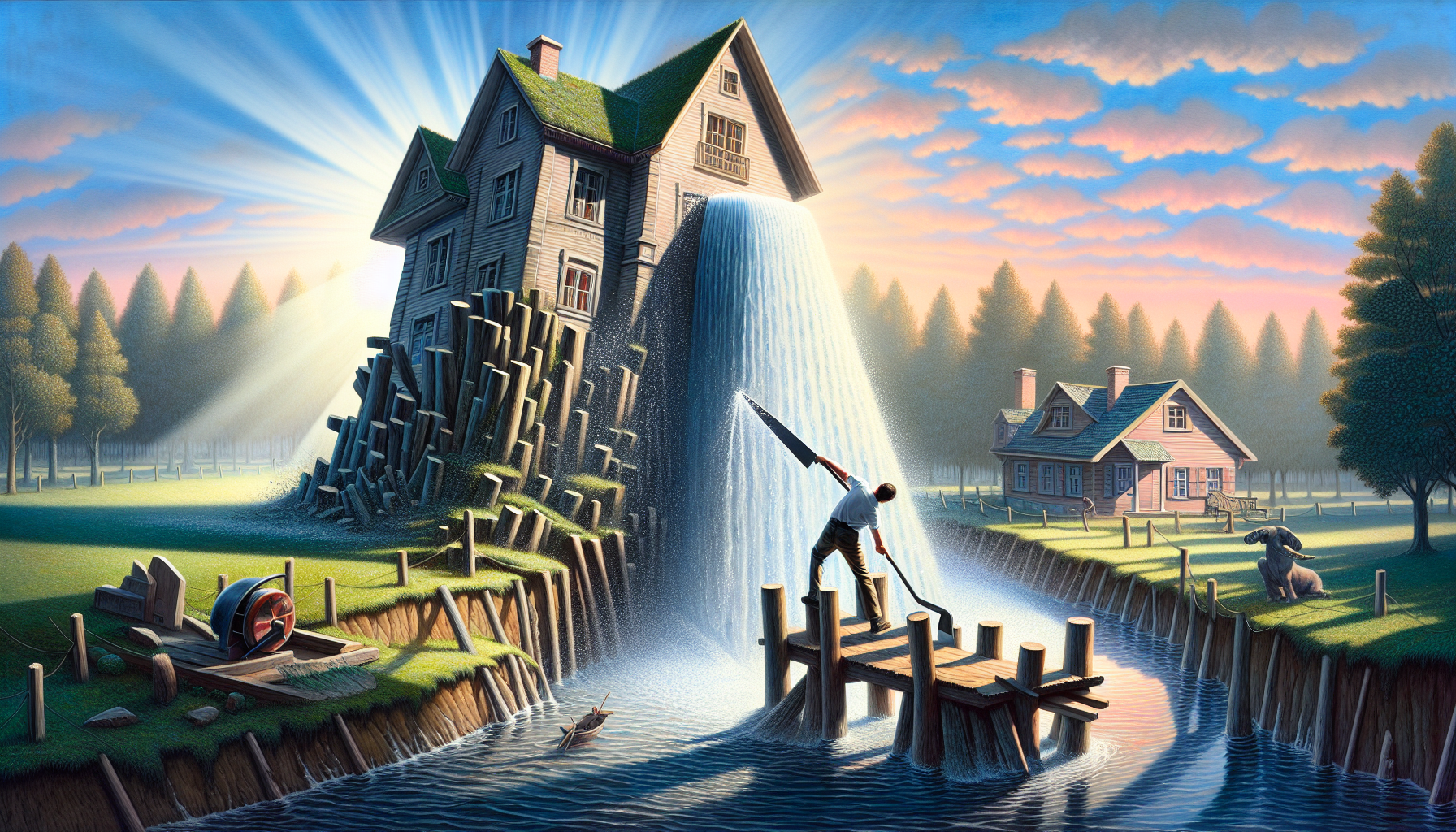 The man cuts the water tower, it starts falling. In the background is a house, a river
