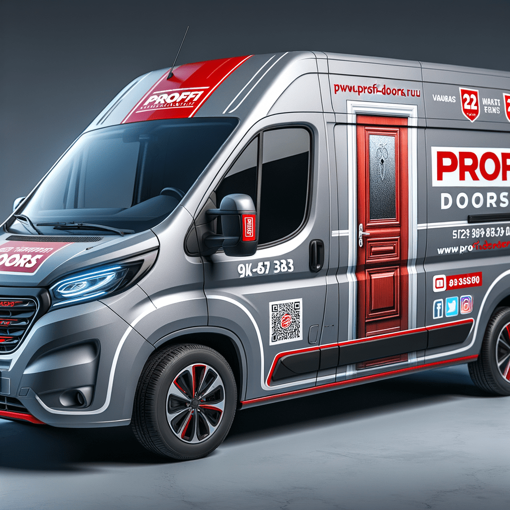 брендирование фургона серого цвета Газель Next для фирмы "Профи-Doors" в красно-белых тонах, Основные элементы дизайна: Основной фон — серый. Акценты — красные детали и логотип. Разместить крупный логотип "Профи-Doors" на задней двери. Логотип выполнен в красных и белых цветах, с четким шрифтом, легко читаемым на расстоянии. На боковых панелях разместить изображение дверей на задней двери разместить номер телефона, сайт и социальные сети. "Профи-Doors" — Продажа и монтаж дверей Сайт: http://www.profi-doors.ru Дополнительные элементы: добавить QR-код, ведущий на сайт или каталог продукции. брендирование фургона серого цвета Газель Next для фирмы "Профи-Doors" в красно-белых тонах, Основные элементы дизайна: Основной фон — серый. Акценты — красные детали и логотип. Разместить крупный логотип "Профи-Doors" на задней двери. Логотип выполнен в красных и белых цветах, с четким шрифтом, легко читаемым на расстоянии. На боковых панелях разместить изображение дверей на задней двери разместить номер телефона, сайт и социальные сети. "Профи-Doors" — Продажа и монтаж дверей Сайт: http://www.profi-doors.ru Дополнительные элементы: добавить QR-код, ведущий на сайт или каталог продукции.